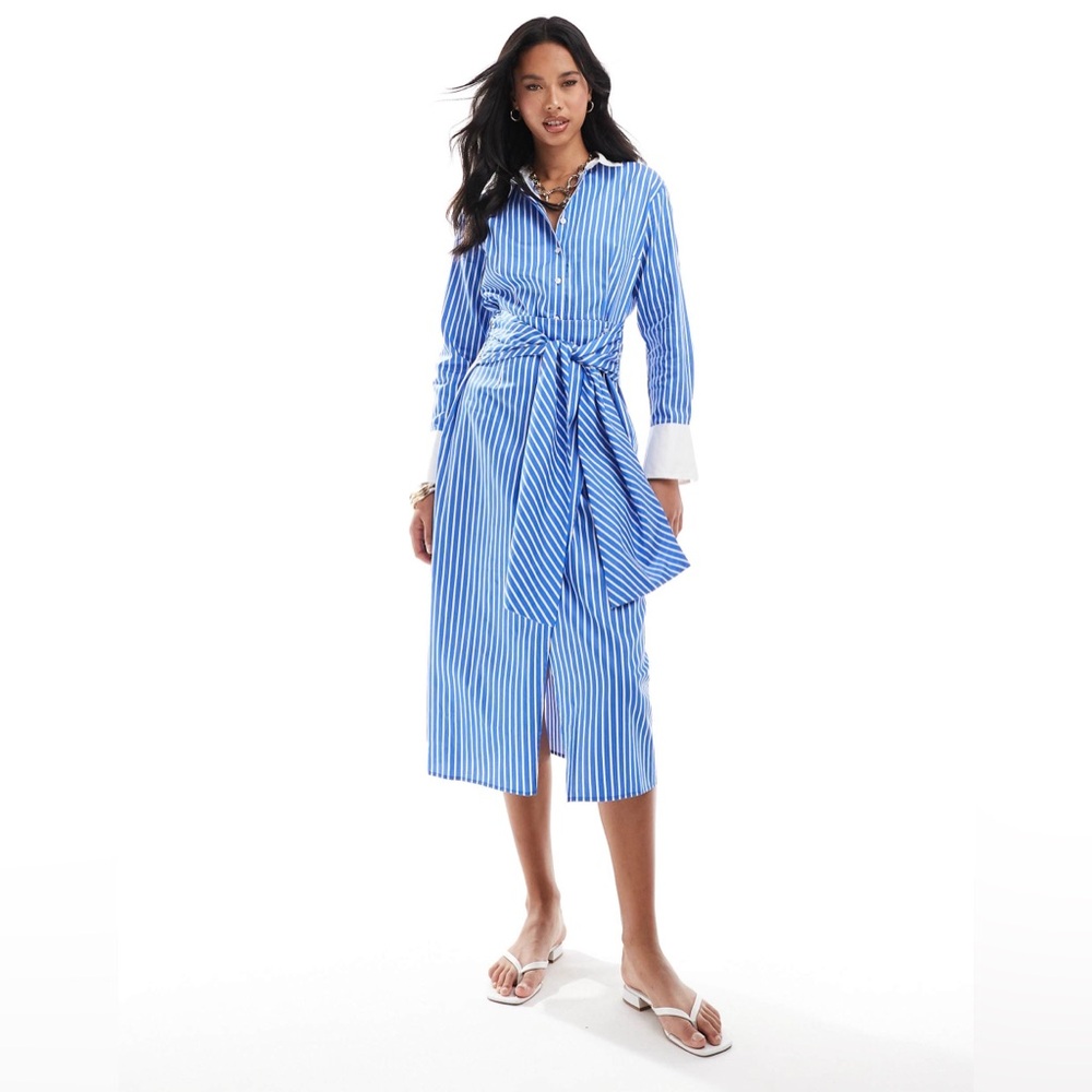 French Connection Alexis Blue Stripe Cotton Midi Shirt Dress XS Tie Waist